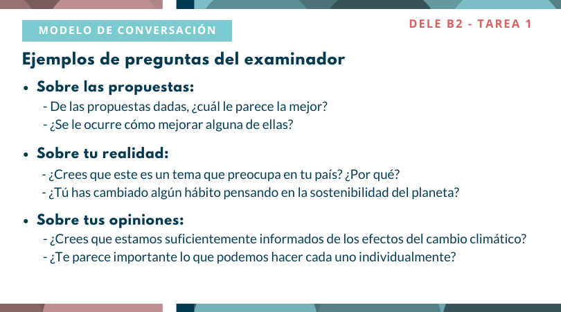 DELE B2 Tarea 1 Expresión oral. Conversación con el entrevistador. Sostenibilidad. Español.