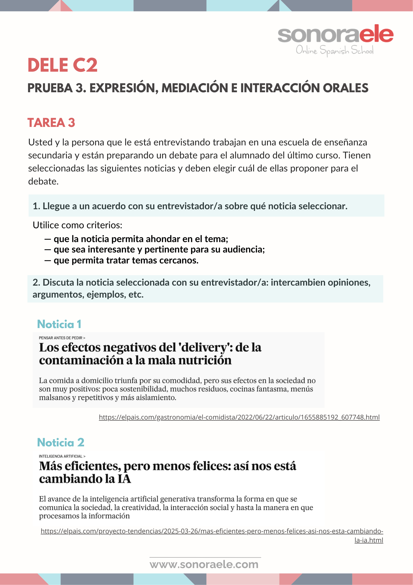 DELE C2. Modelo de tarea 3 de expresión oral. Titulares sobre IA y sobre comida a domicilio. Español.