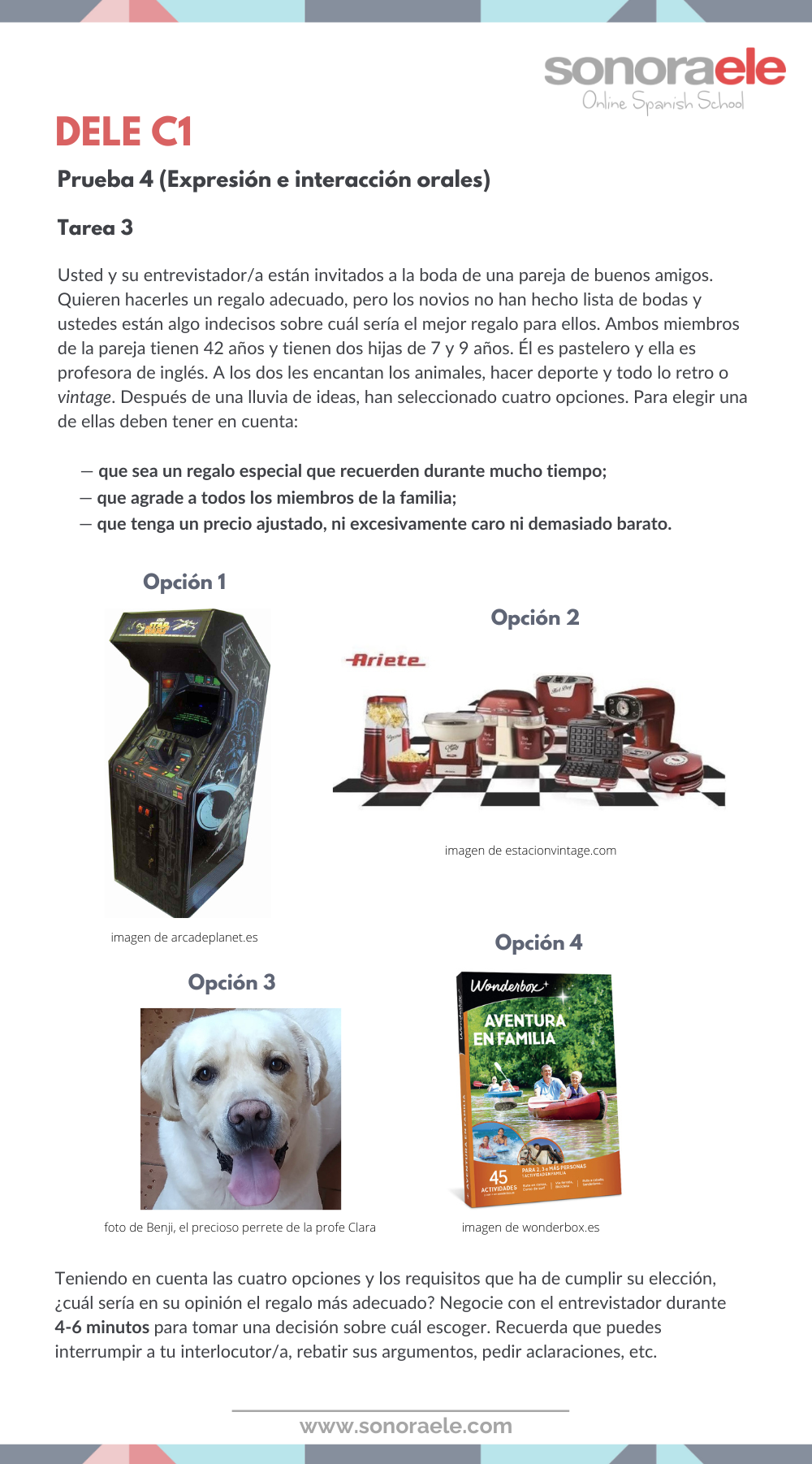 Modelo de tarea 3 de la prueba de expresión oral del examen DELE C1. Regalo de bodas. Negociar. Español.