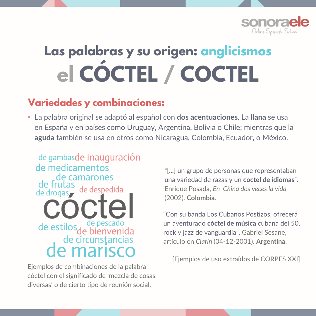 Las palabras y su origen: anglicismos: el cóctel / el coctel. Ejemplos, variedades y combinaciones. Léxico. Vocabulario. Español.